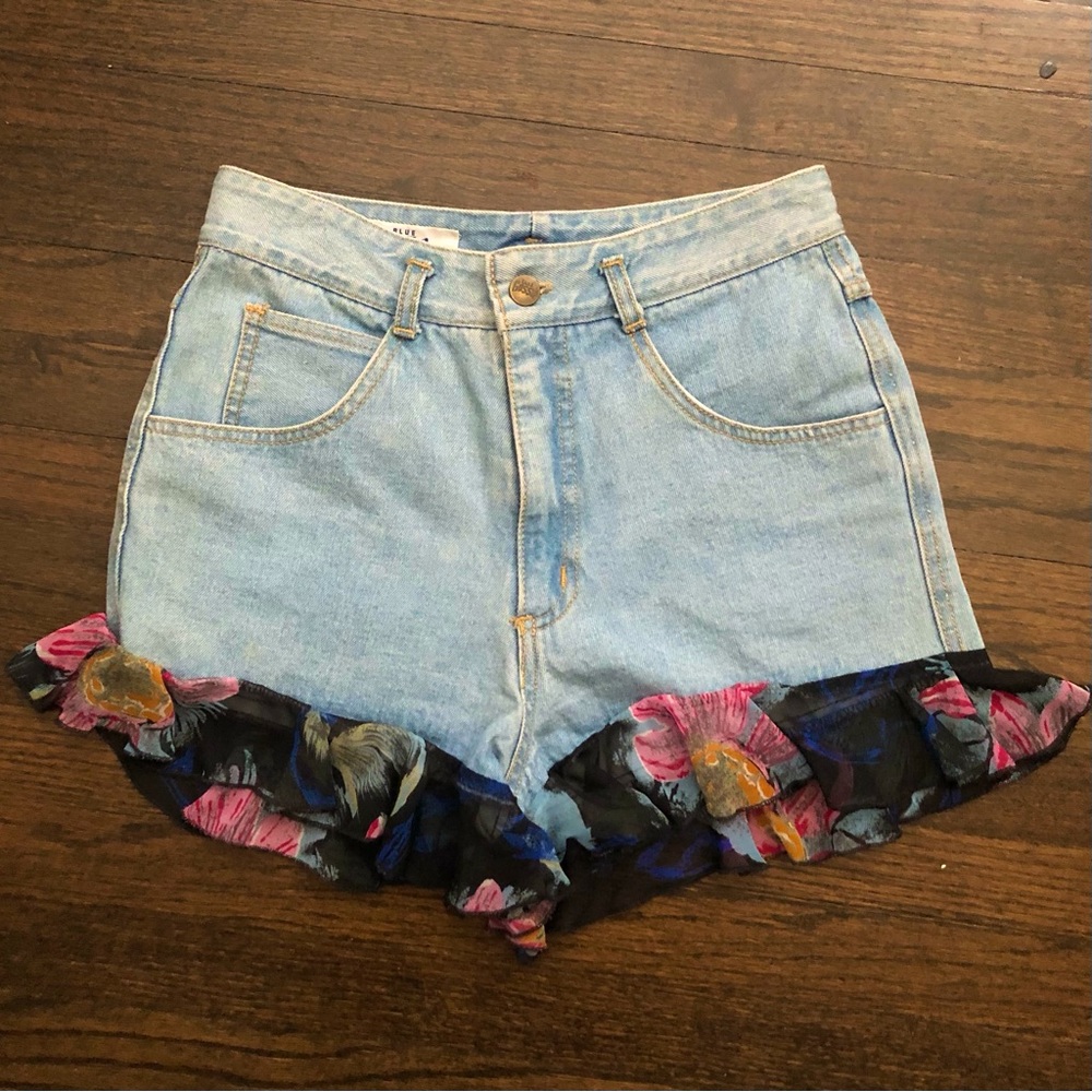 High Waisted Denim Shorts With Floral Frill